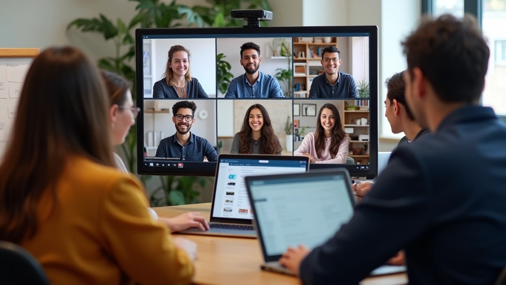 Diverse group of graduate students in virtual online classroom meeting, laptops and video conference setup, collaborative lea
