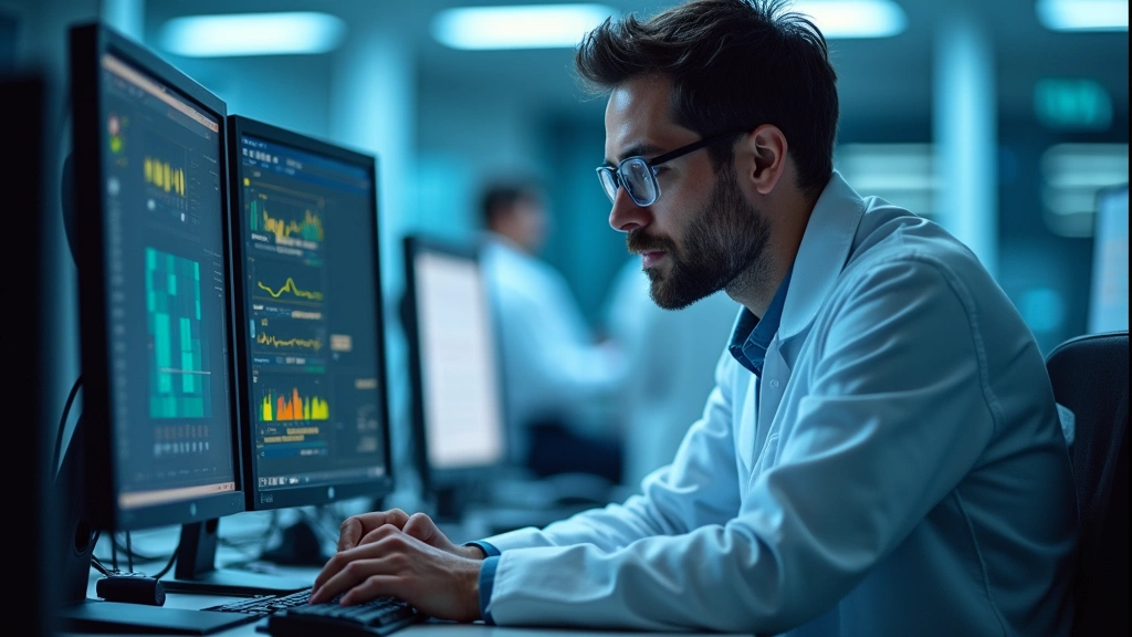 Academic researcher in computer science lab with advanced technology equipment, conducting doctoral-level research and analys