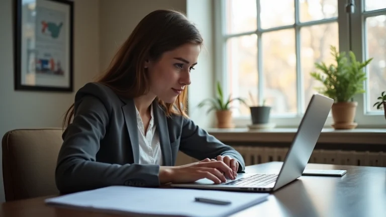 Professional business student working on laptop at home office desk with documents, focused and concentrated expression, natural lighting from window