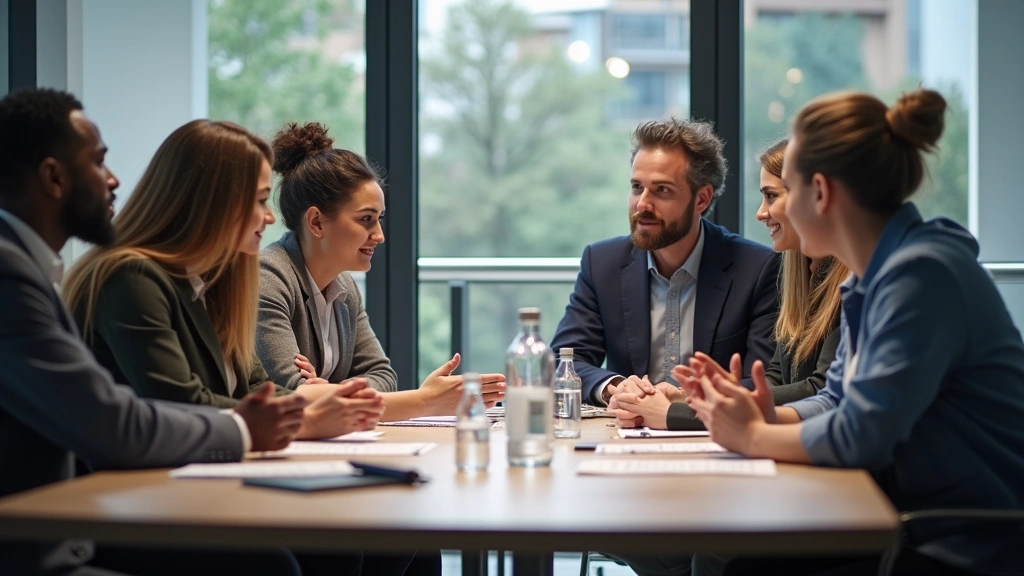 Diverse group of professionals in business meeting room discussing strategy and ideas around conference table, collaborative