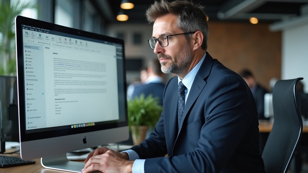 Mature executive in business suit reviewing dissertation on computer screen in modern office environment, confident and accom