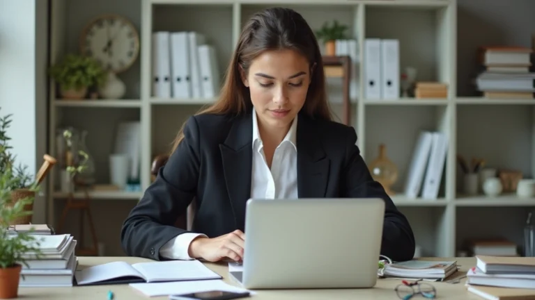 Professional woman in business attire studying on laptop at home office desk with leadership books and notes visible, natural lighting from window, focused expression