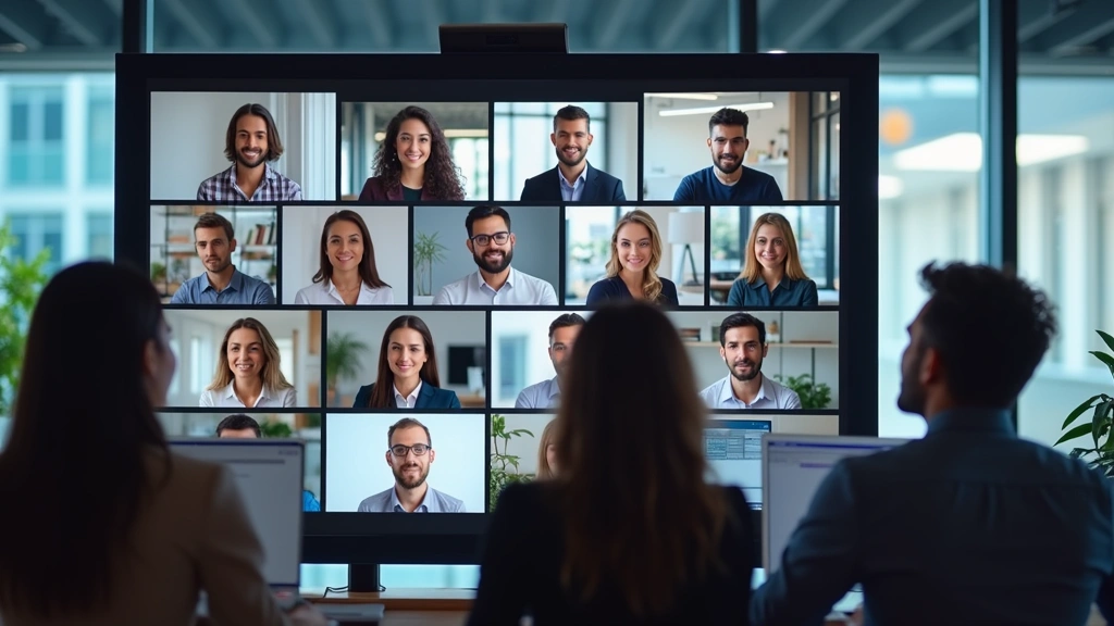 Diverse group of professionals in virtual meeting on large monitor screen, modern office setting, collaborative online learni