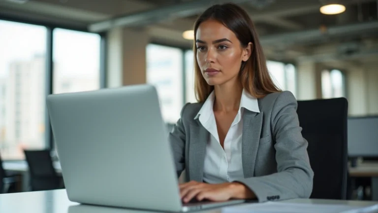 Professional woman in business attire working on laptop in modern office environment with natural lighting, focused expression, contemporary workspace