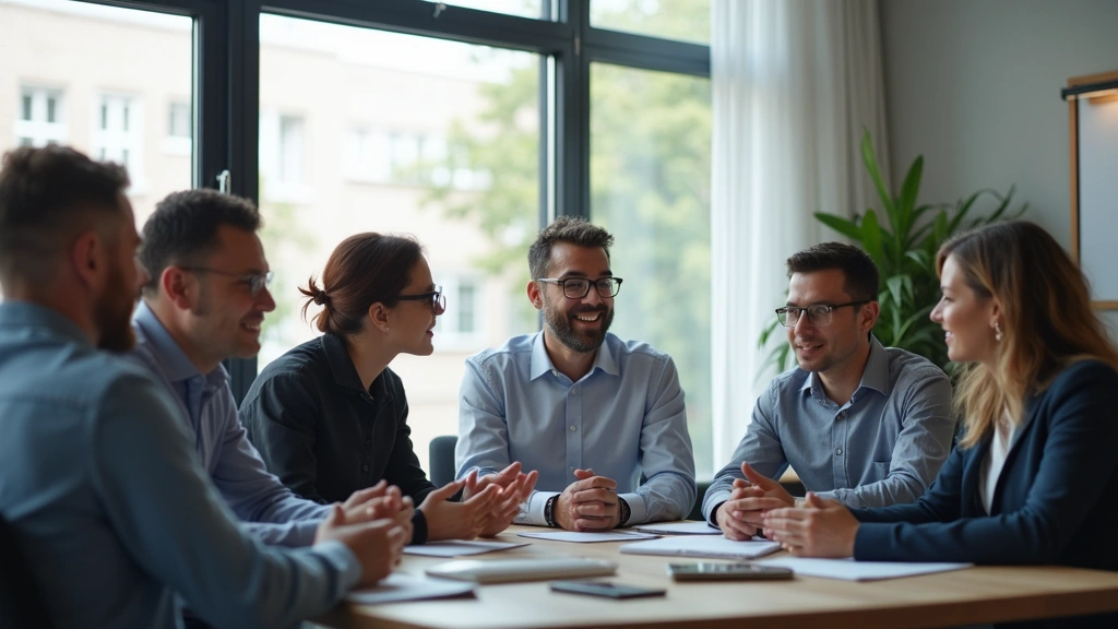 Diverse group of professionals in business casual clothing collaborating in a modern conference room with large windows, enga