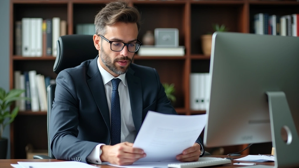Male executive in suit reviewing documents at desk with computer monitor, professional office environment with bookshelves, c