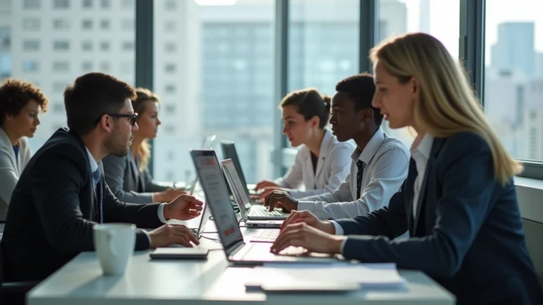 Professional diverse public health professionals in modern office conducting epidemiological data analysis on computers, bright natural lighting, collaborative workspace environment