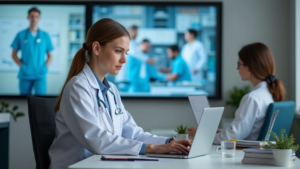 University online learning setup with public health student at desk with medical research materials, laptop showing virtual c