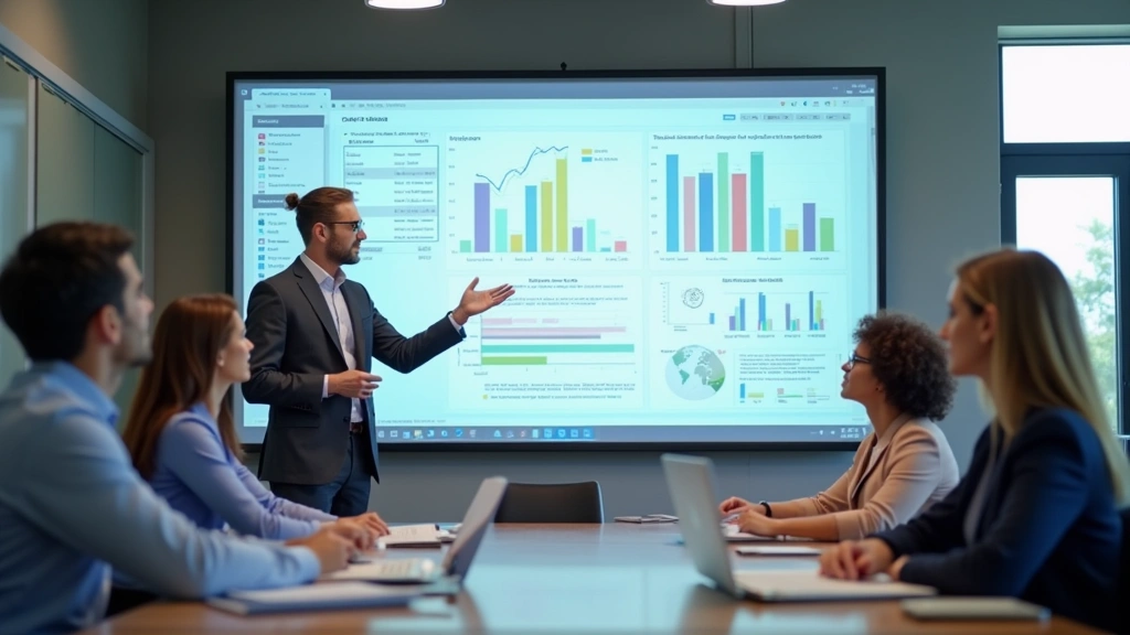 Public health director in meeting room presenting data visualization to team, modern healthcare facility, diverse colleagues