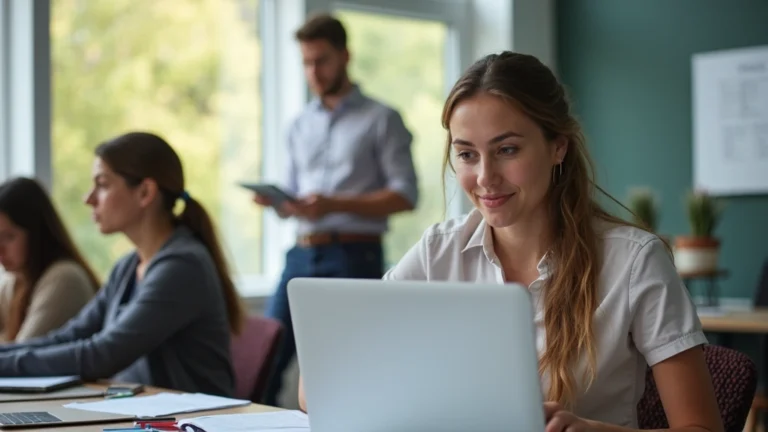 Professional educator in modern classroom with laptop and digital learning materials, natural lighting, focused expression, diverse setting