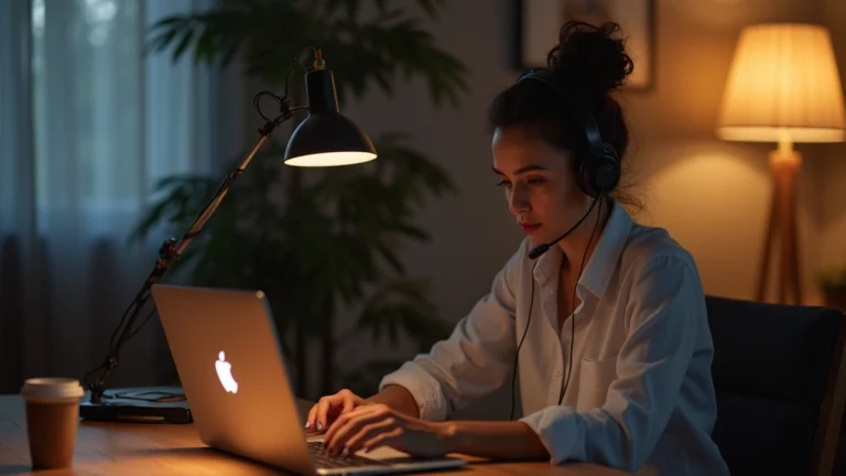 Professional woman with headset in home office environment studying on laptop during evening, warm lighting, focused expression, modern minimalist workspace