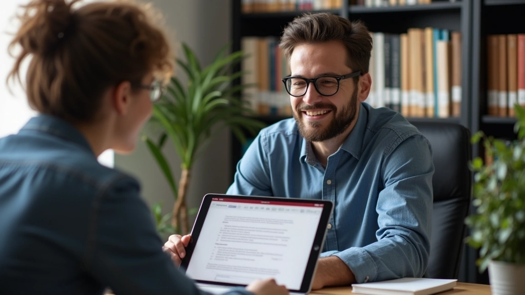 Male academic advisor in university office reviewing dissertation documents on tablet with student via video call, bookshelve