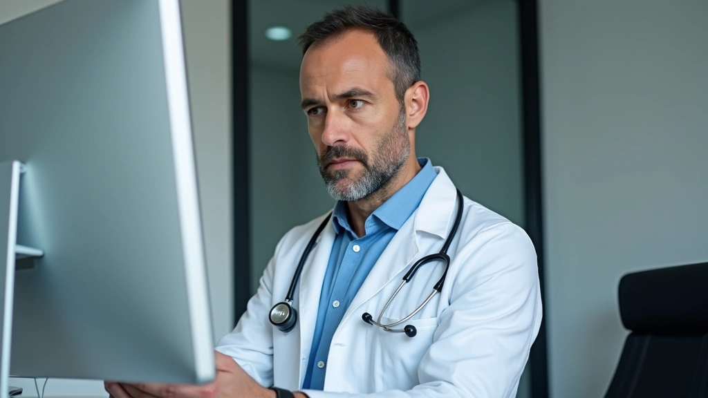 Professional male doctor in white coat conducting video consultation on computer screen, modern medical office background, serious focused expression, healthcare setting