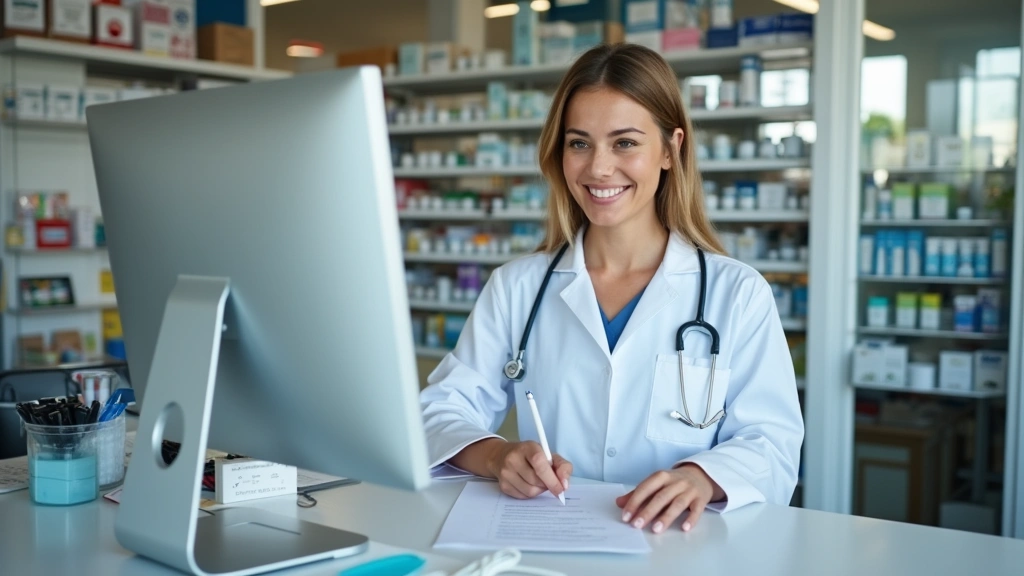 Diverse female pharmacist at pharmacy counter reviewing prescription documentation with computer, professional medical enviro