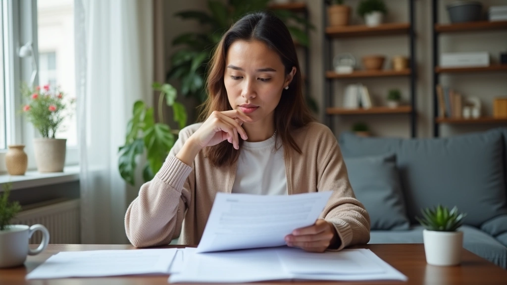 Concerned patient reviewing medical forms and documents at home desk, thoughtful expression, healthcare decision-making momen