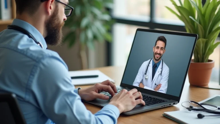 Professional male patient having video consultation with doctor on laptop in modern home office, medical setting visible on screen, natural lighting, realistic healthcare technology