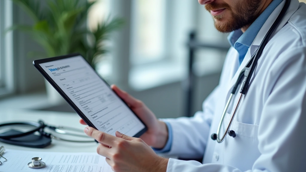 Doctor reviewing testosterone lab results and prescription on tablet computer in clinical office, stethoscope and medical equ
