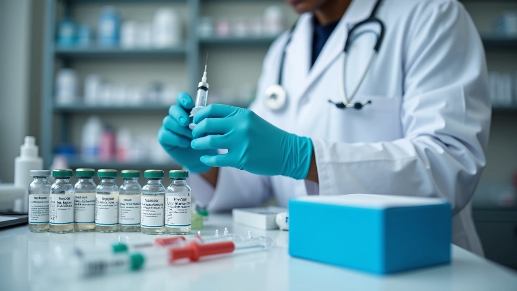 Pharmacy technician preparing testosterone medication vials and syringes for packaging, organized pharmaceutical workspace, p