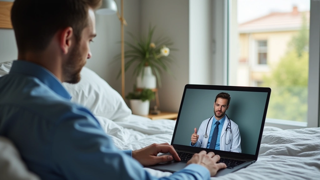 Professional male patient in home setting completing online video consultation with doctor on laptop screen, natural lighting, modern bedroom background