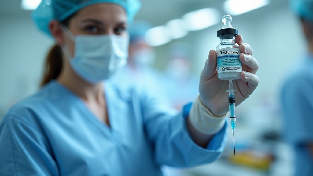 Healthcare professional holding testosterone injection vial and syringe in clinical laboratory setting, professional medical 