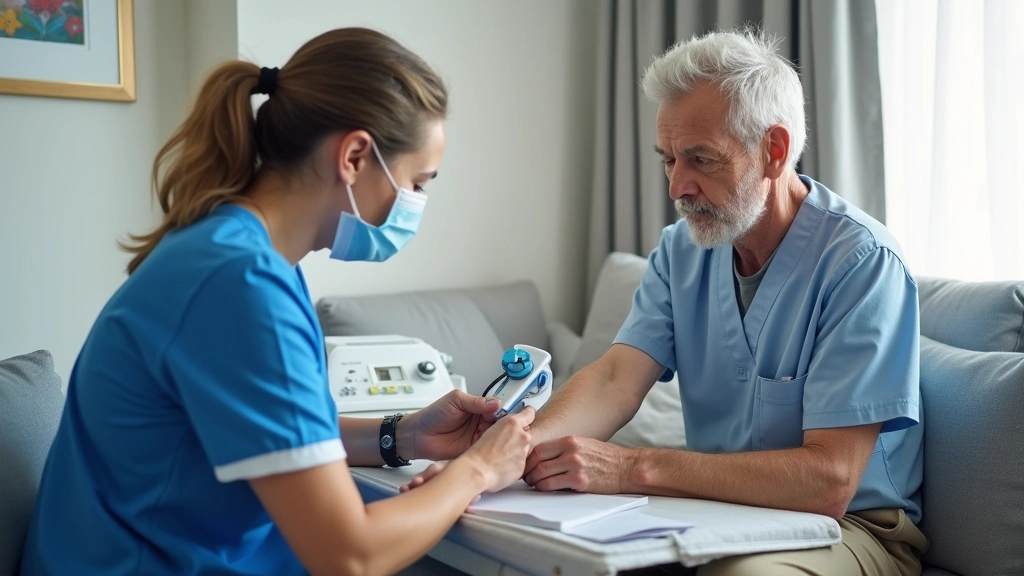 Patient receiving blood draw at home from certified phlebotomist in clinical uniform, professional home healthcare visit, pro