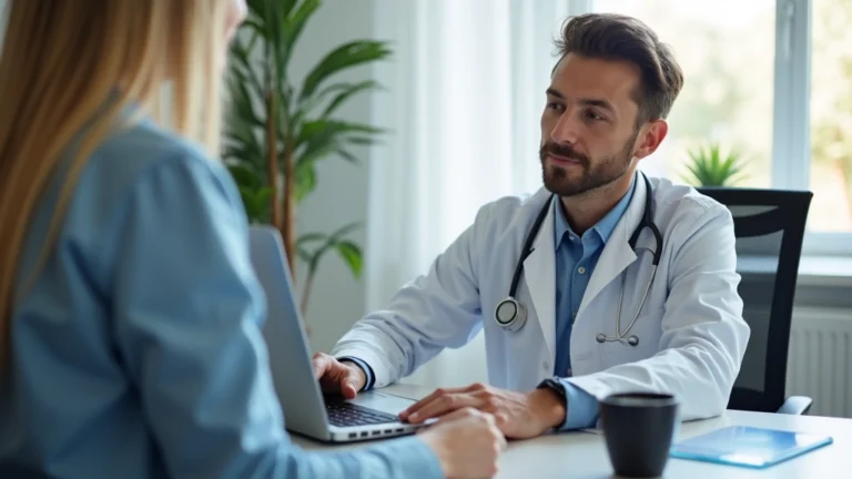 Licensed physician conducting video consultation with patient on laptop in modern home office, professional medical setting, healthcare technology