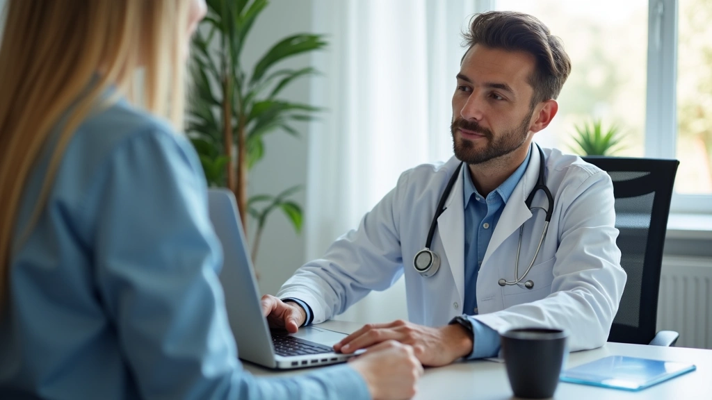 Licensed physician conducting video consultation with patient on laptop in modern home office, professional medical setting, healthcare technology
