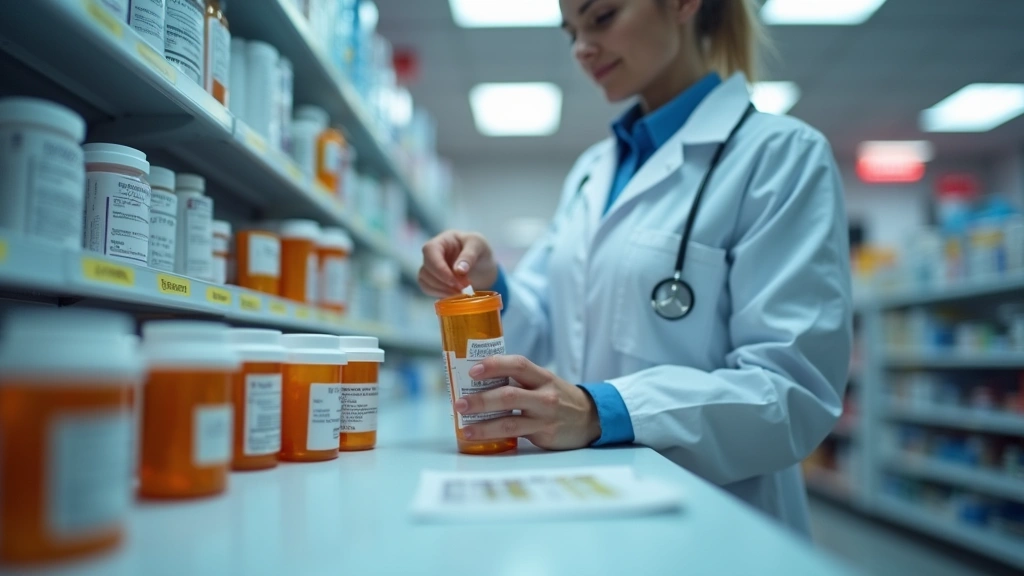 Pharmacist dispensing prescription medication bottles at pharmacy counter with digital systems, professional healthcare envir