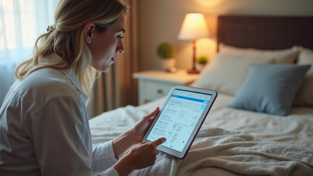 Patient reviewing medication information on tablet device in comfortable bedroom setting, telehealth follow-up consultation