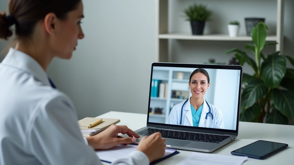 Professional female psychiatrist conducting video consultation on laptop in modern clinical office with neutral background, patient visible on screen, medical notes visible but unreadable