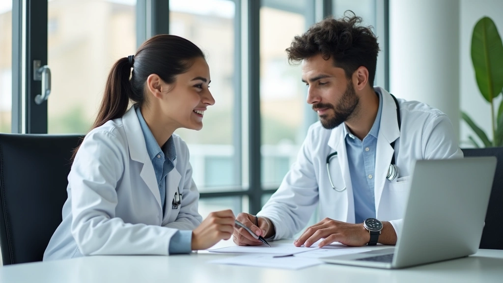 Board-certified psychiatrist in white coat reviewing patient intake forms at desk during virtual consultation session, modern