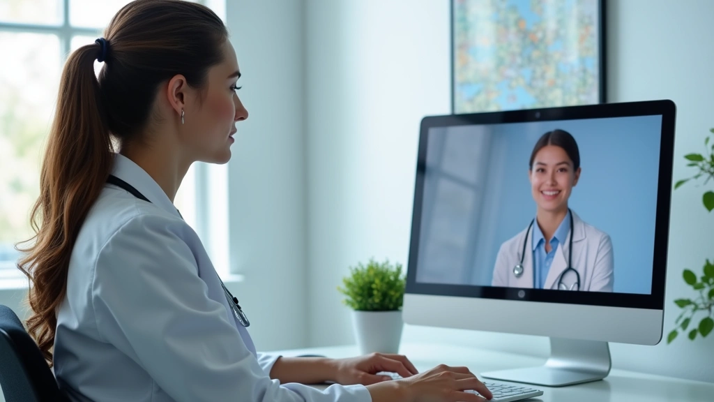 Professional female physician in white coat having video consultation with patient on computer screen, clinical office background, healthcare technology
