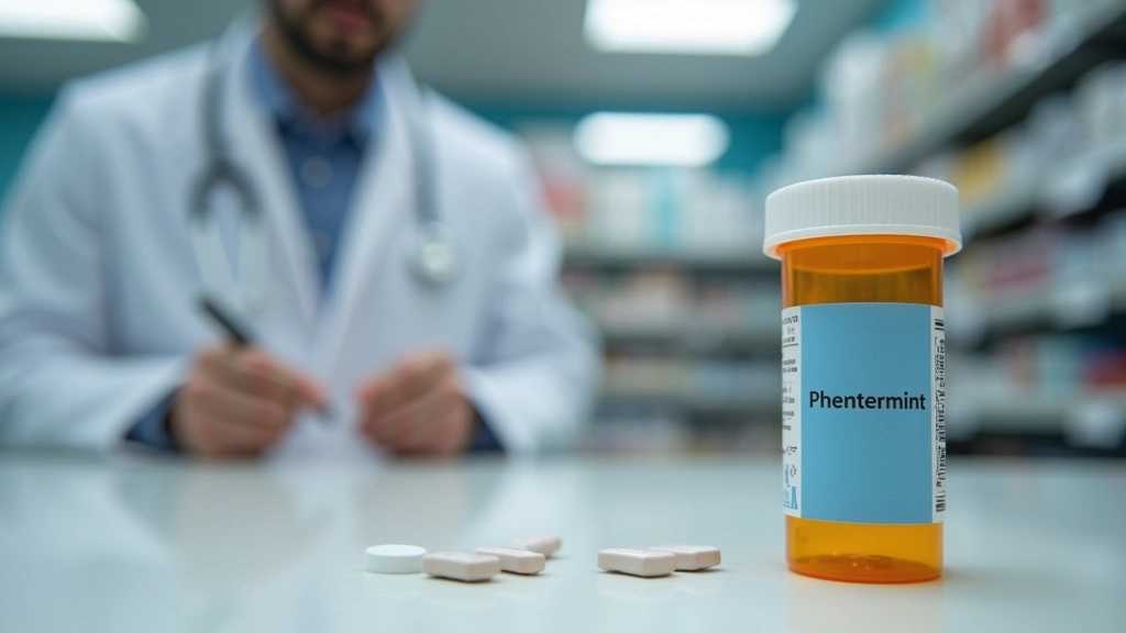 Close-up of prescription bottle labeled phentermine on pharmacy counter with pharmacist in background, professional medical s