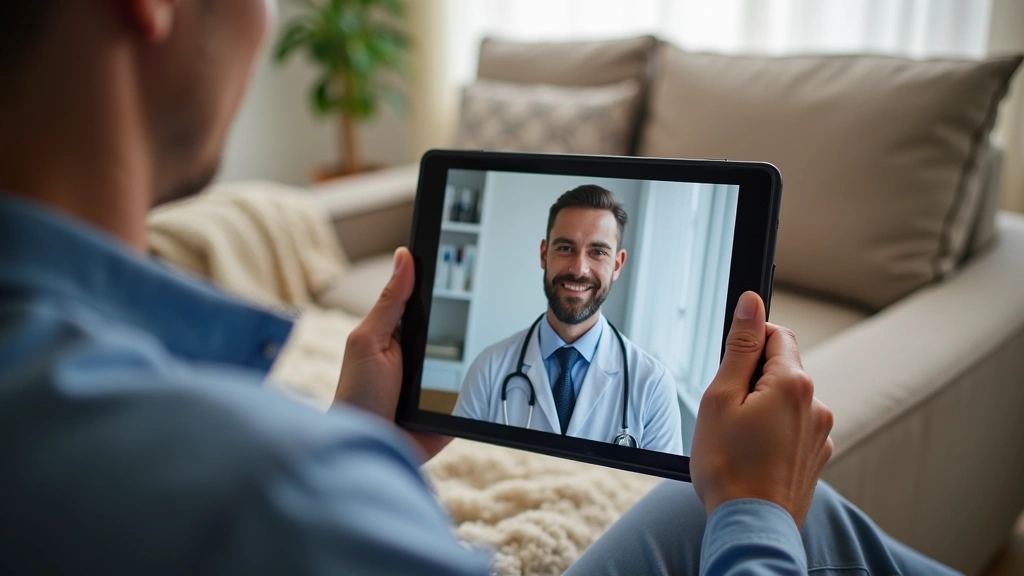 Patient receiving consultation on tablet device in home setting, doctor visible on video call, comfortable healthcare environ