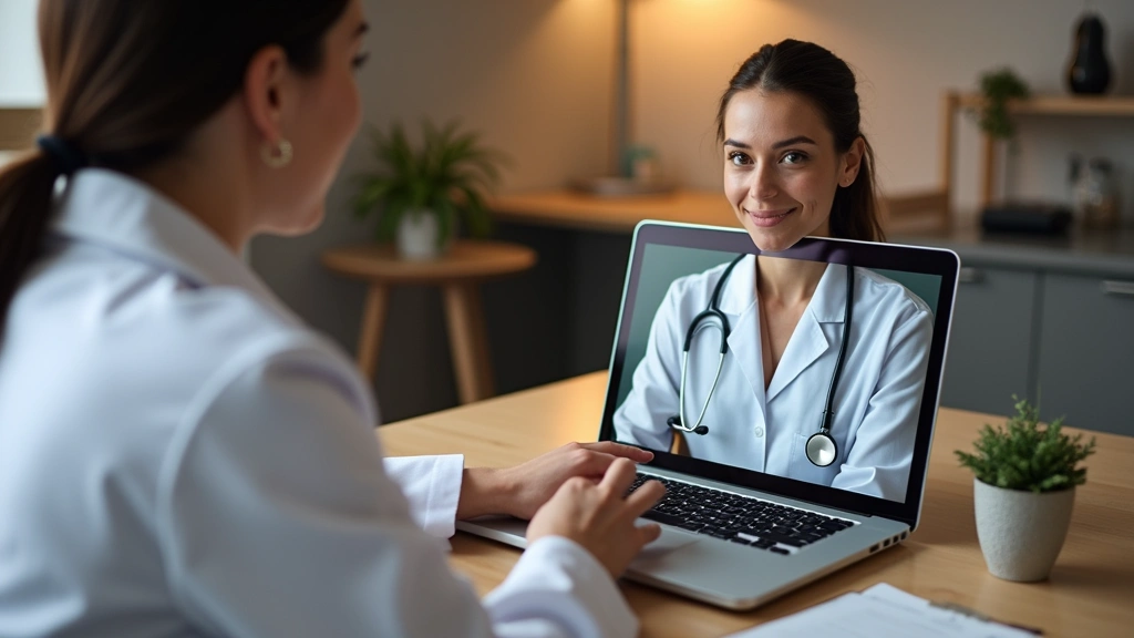 Professional telehealth consultation showing patient on laptop video call with female physician in white coat, modern home of