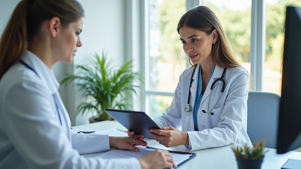 Female doctor reviewing weight loss medication prescription on digital tablet in clinical office, professional medical enviro