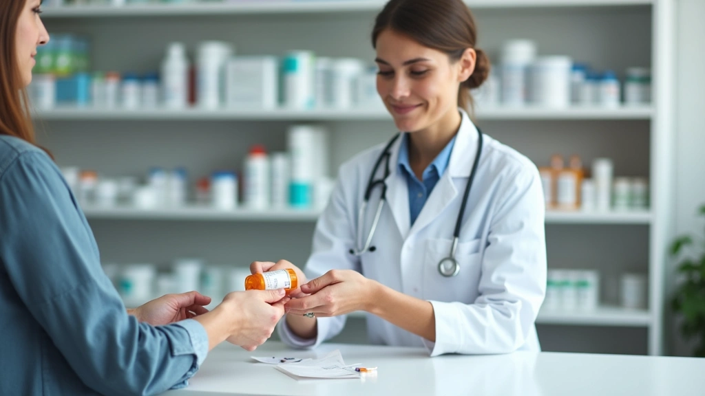 Patient receiving prescription bottle from pharmacy counter, pharmacist in white coat handing medication, modern pharmacy set