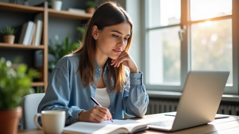 Professional woman studying on laptop at home desk with textbooks and coffee, natural window lighting, focused concentration, modern home office setup