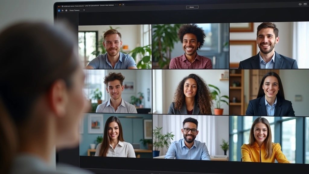 Diverse group of graduate students in virtual video conference meeting on computer screen, professional setting, collaborativ