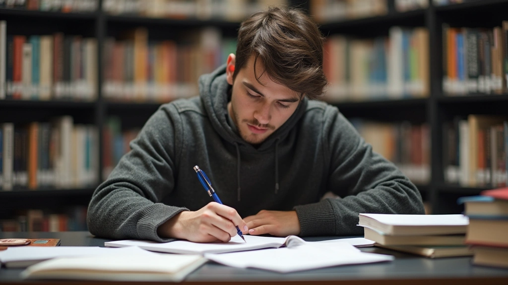 Male student writing dissertation at desk with research papers and books, university library background, academic research at