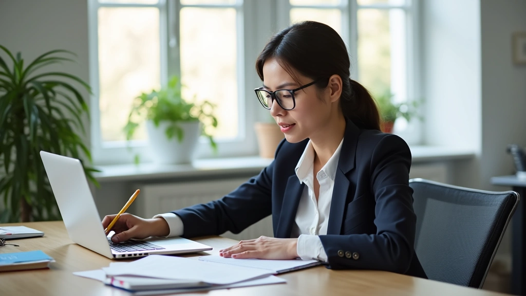 Professional woman in business attire studying on laptop at desk with educational materials, natural lighting from window, mo