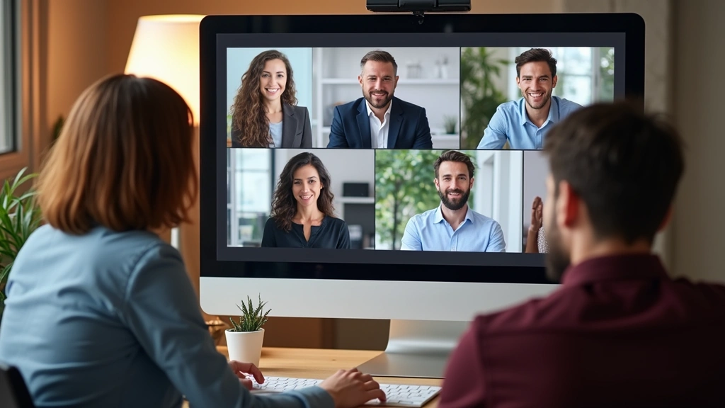 Diverse group of adult students in virtual classroom meeting on computer screens, collaborative learning environment, profess