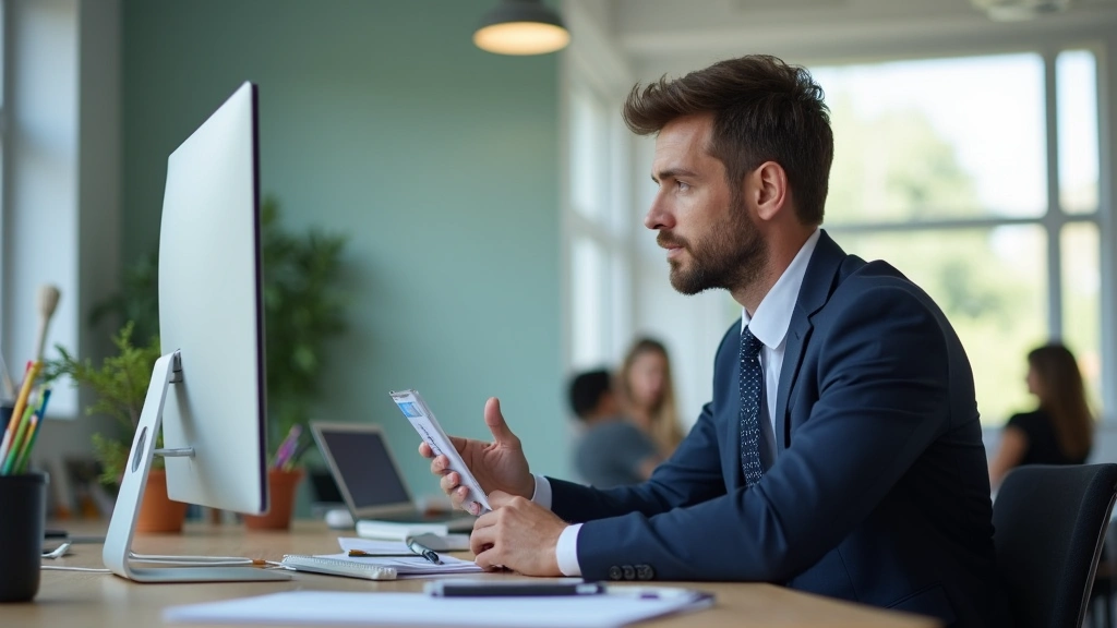 Male administrator in suit reviewing educational documents and data on computer in modern school office, leadership setting