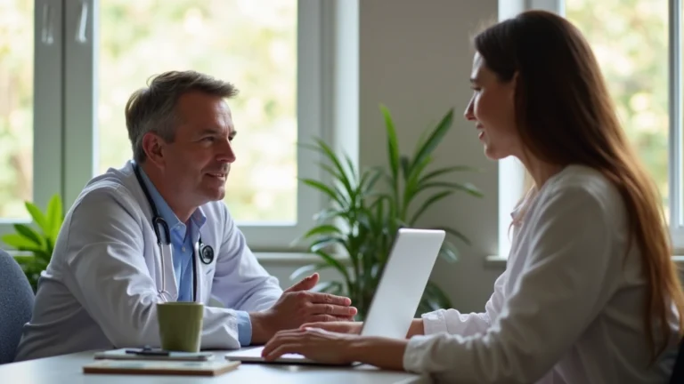 Female patient in home office having video consultation with male fertility doctor on laptop screen, professional medical setting, natural lighting, warm atmosphere