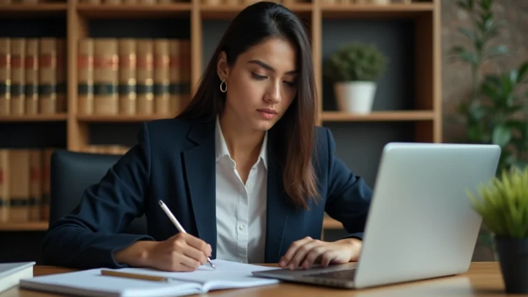 Professional law student studying on laptop in modern home office with legal books on shelf, warm lighting, focused expression