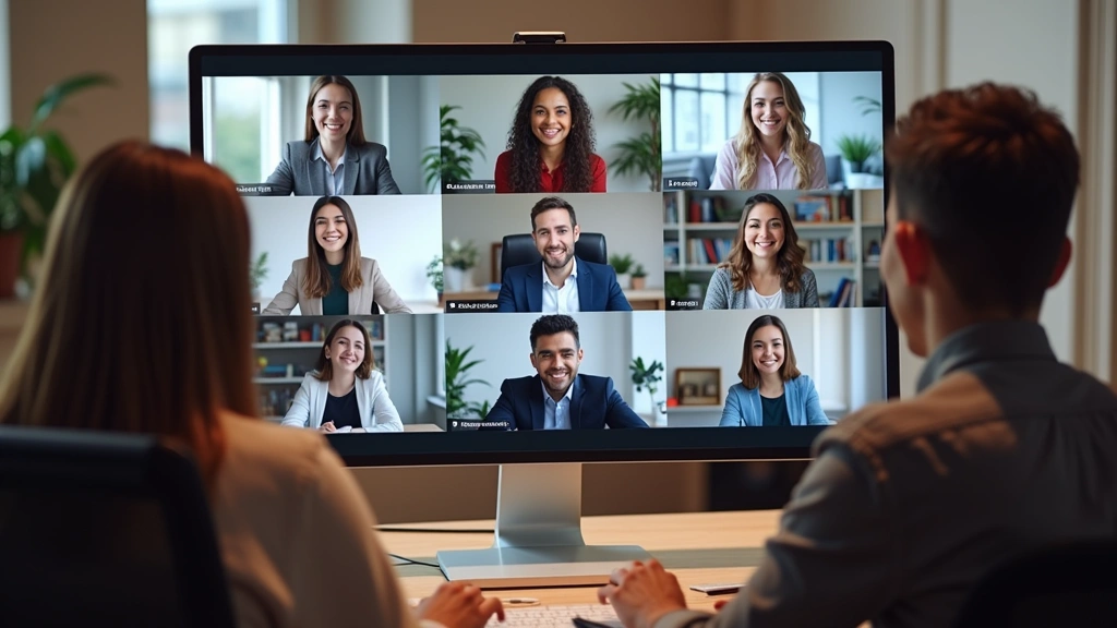 Diverse group of law students in virtual classroom on computer screens, professional setting, studying together remotely