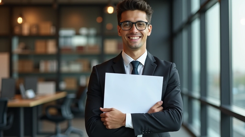 Recent law graduate in business suit holding diploma certificate in professional office environment, confident pose