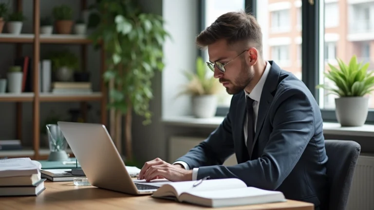 Professional law student studying at home on laptop, law books on desk, focused expression, natural lighting through window, modern home office setup