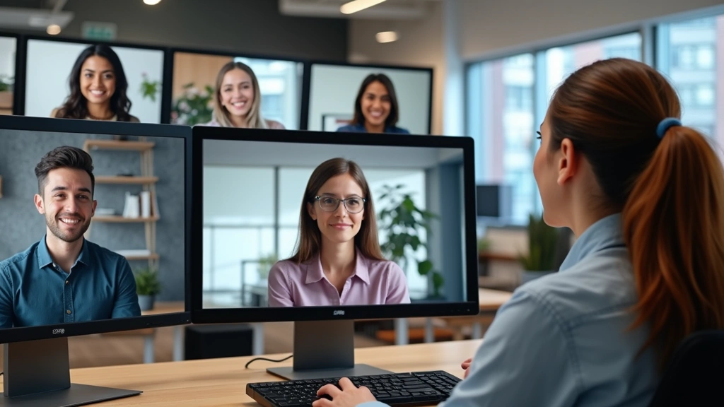 Diverse group of law students in virtual classroom on computer screens, professional business casual attire, collaborative le