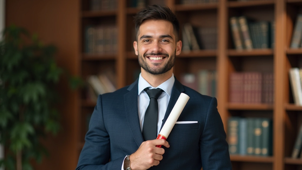 Recent law graduate in business suit holding diploma, professional law office background with bookshelves, confident expressi